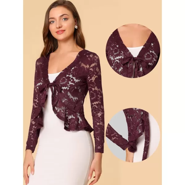 Allegra K Floral Lace Shrug for Women's Tie Front Top Ruffled Hem Office Sheer Crop Bolero Cardigan