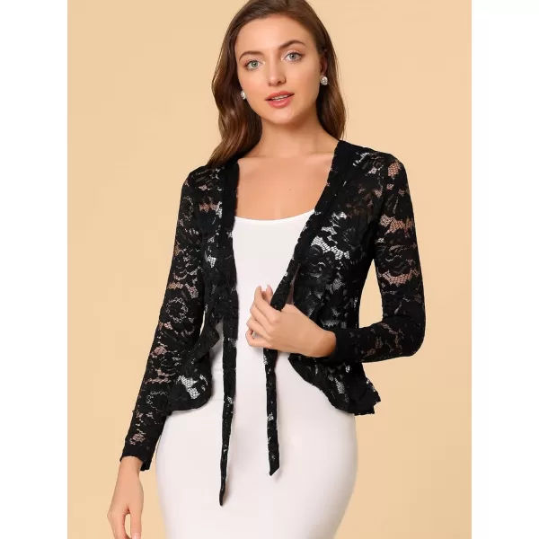 Allegra K Floral Lace Shrug for Women's Tie Front Top Ruffled Hem Office Sheer Crop Bolero Cardigan