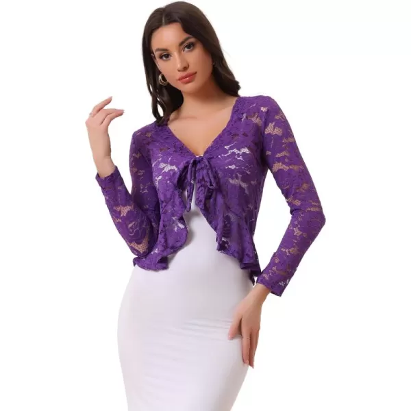 Allegra K Floral Lace Shrug for Women's Tie Front Top Ruffled Hem Office Sheer Crop Bolero Cardigan