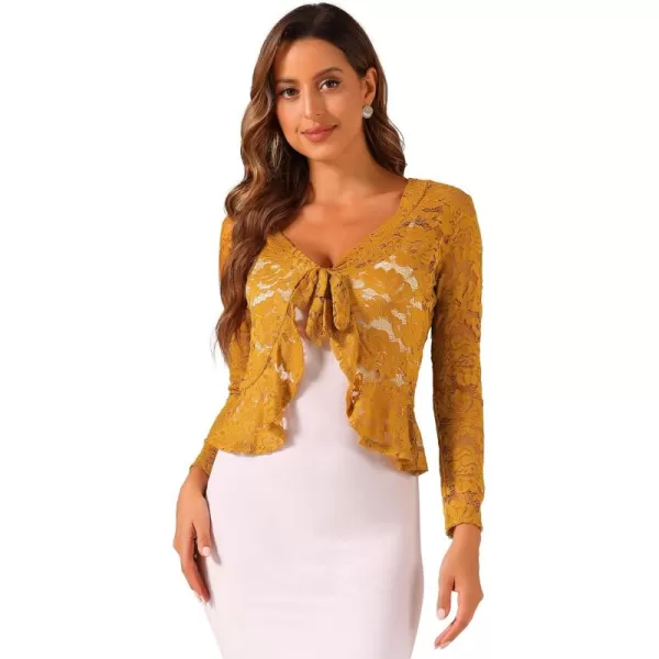 Allegra K Floral Lace Shrug for Women's Tie Front Top Ruffled Hem Office Sheer Crop Bolero Cardigan