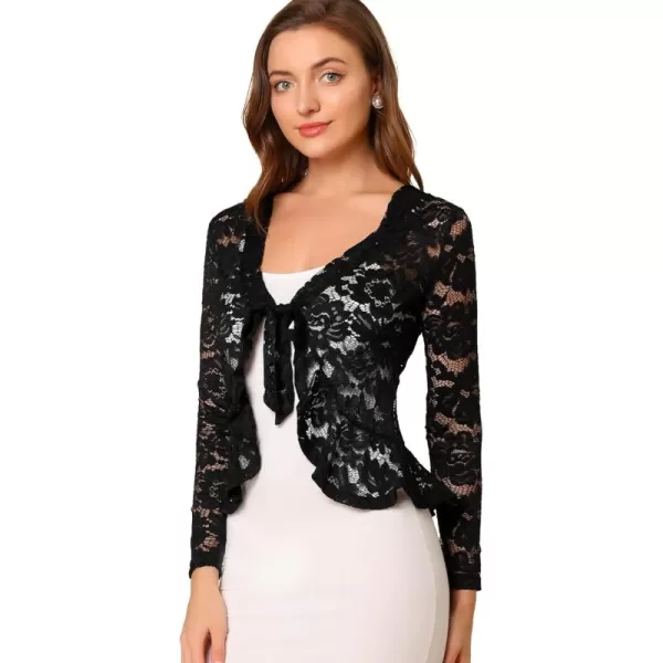 Allegra K Floral Lace Shrug for Women's Tie Front Top Ruffled Hem Office Sheer Crop Bolero Cardigan