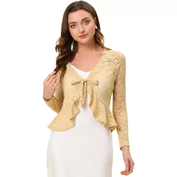 Allegra K Floral Lace Shrug for Women's Tie Front Top Ruffled Hem Office Sheer Crop Bolero Cardigan