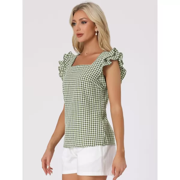 Allegra K Summer Gingham Tops for Women's Square Neck Ruffle Cap Sleeve Blouses