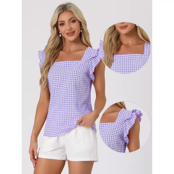 Allegra K Summer Gingham Tops for Women's Square Neck Ruffle Cap Sleeve Blouses