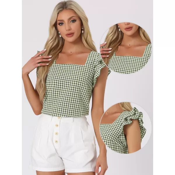 Allegra K Summer Gingham Tops for Women's Square Neck Ruffle Cap Sleeve Blouses