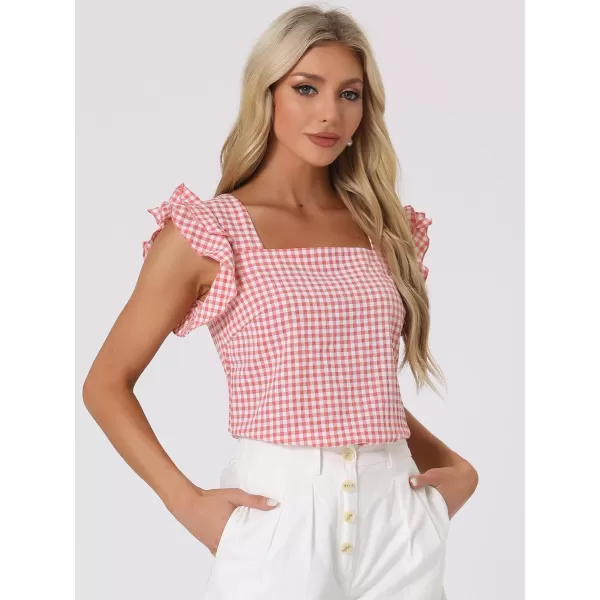 Allegra K Summer Gingham Tops for Women's Square Neck Ruffle Cap Sleeve Blouses