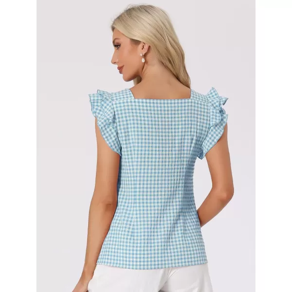 Allegra K Summer Gingham Tops for Women's Square Neck Ruffle Cap Sleeve Blouses