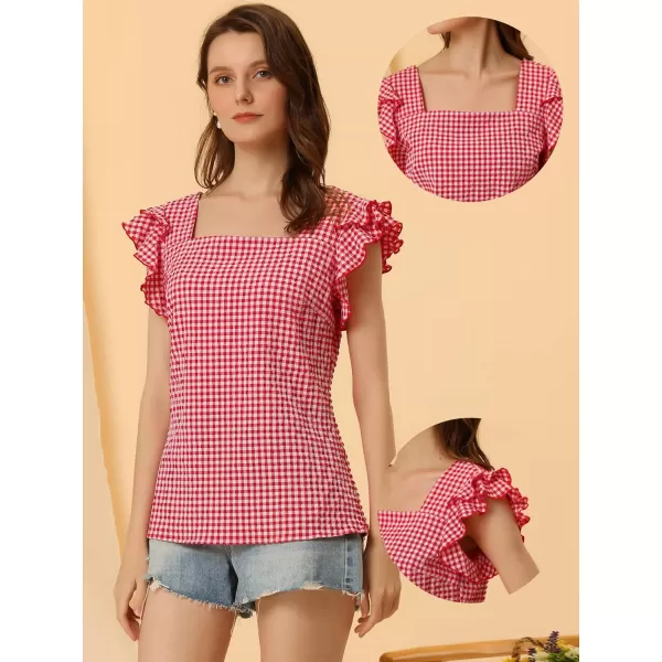 Allegra K Summer Gingham Tops for Women's Square Neck Ruffle Cap Sleeve Blouses