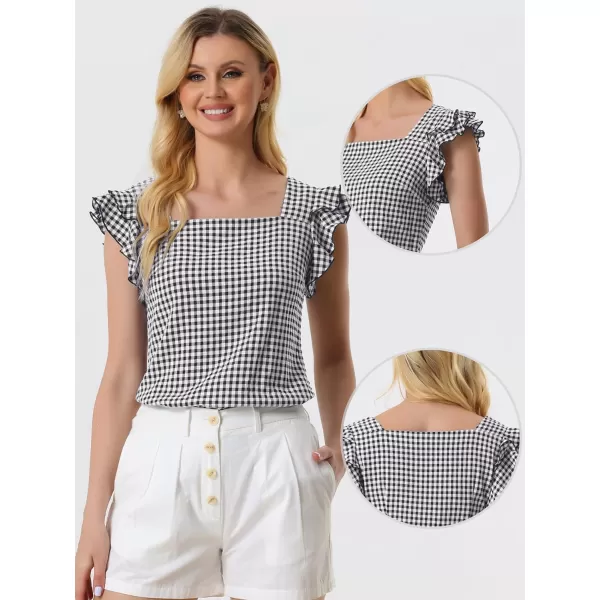 Allegra K Summer Gingham Tops for Women's Square Neck Ruffle Cap Sleeve Blouses