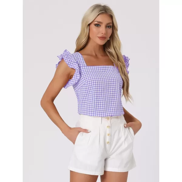 Allegra K Summer Gingham Tops for Women's Square Neck Ruffle Cap Sleeve Blouses