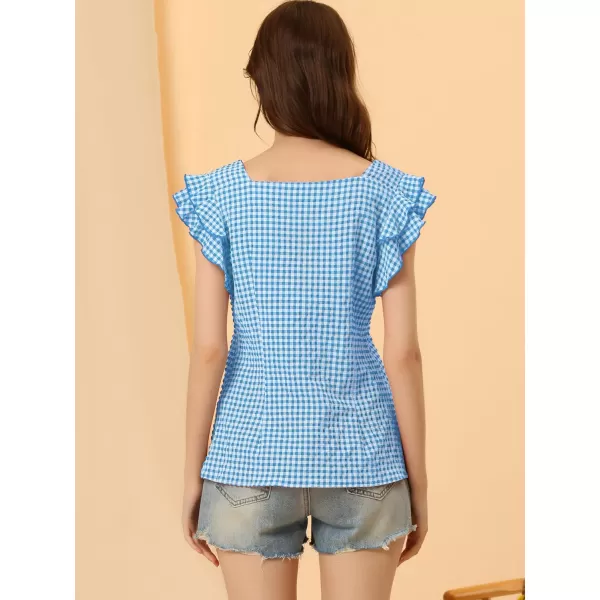 Allegra K Summer Gingham Tops for Women's Square Neck Ruffle Cap Sleeve Blouses