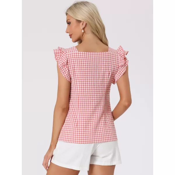 Allegra K Summer Gingham Tops for Women's Square Neck Ruffle Cap Sleeve Blouses