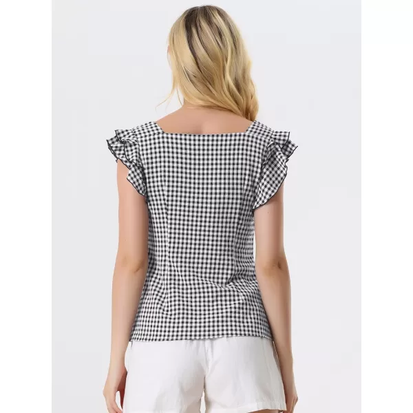 Allegra K Summer Gingham Tops for Women's Square Neck Ruffle Cap Sleeve Blouses