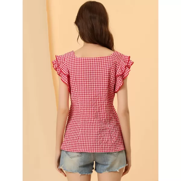 Allegra K Summer Gingham Tops for Women's Square Neck Ruffle Cap Sleeve Blouses