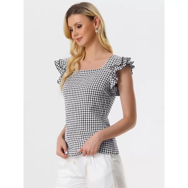 Allegra K Summer Gingham Tops for Women's Square Neck Ruffle Cap Sleeve Blouses