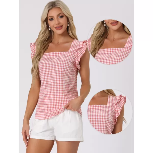 Allegra K Summer Gingham Tops for Women's Square Neck Ruffle Cap Sleeve Blouses