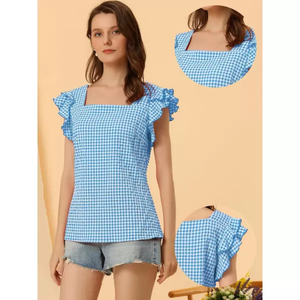 Allegra K Summer Gingham Tops for Women's Square Neck Ruffle Cap Sleeve Blouses