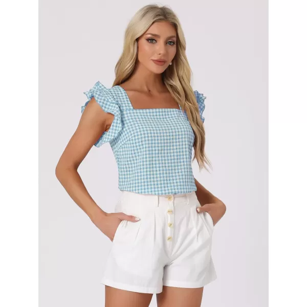 Allegra K Summer Gingham Tops for Women's Square Neck Ruffle Cap Sleeve Blouses