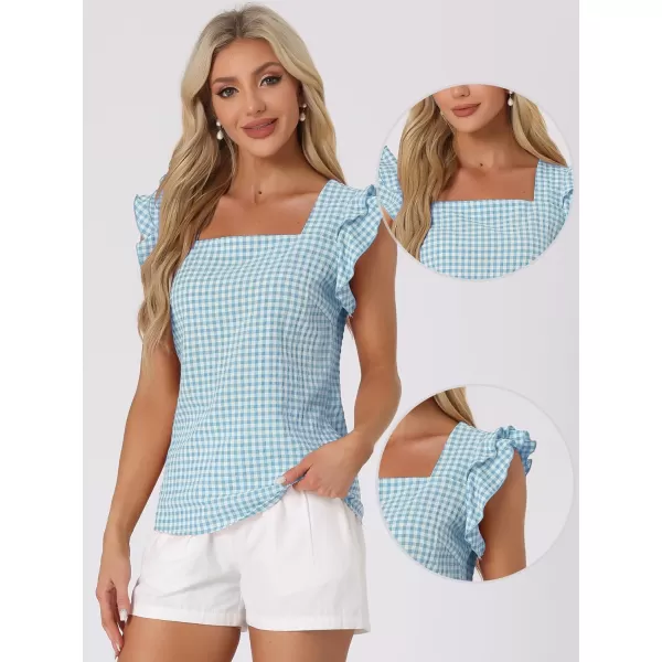 Allegra K Summer Gingham Tops for Women's Square Neck Ruffle Cap Sleeve Blouses