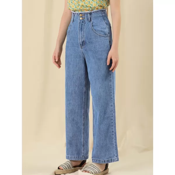 Allegra K Women's High Waist Denim Jeans Cotton Trim Long Pants Wide Leg Jeans