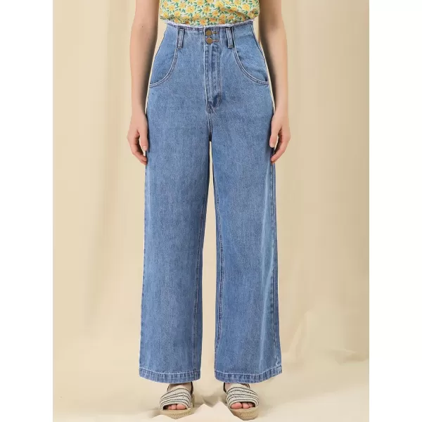 Allegra K Women's High Waist Denim Jeans Cotton Trim Long Pants Wide Leg Jeans