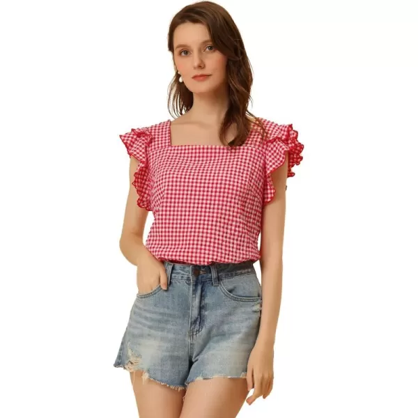 Allegra K Summer Gingham Tops for Women's Square Neck Ruffle Cap Sleeve Blouses