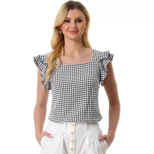 Allegra K Summer Gingham Tops for Women's Square Neck Ruffle Cap Sleeve Blouses