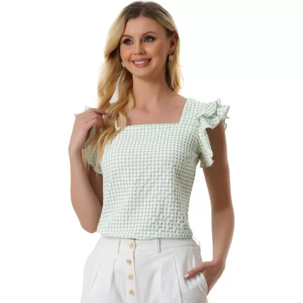 Allegra K Summer Gingham Tops for Women's Square Neck Ruffle Cap Sleeve Blouses