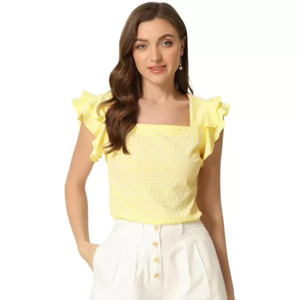 Allegra K Summer Gingham Tops for Women's Square Neck Ruffle Cap Sleeve Blouses