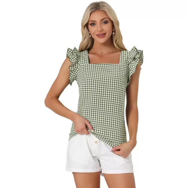 Allegra K Summer Gingham Tops for Women's Square Neck Ruffle Cap Sleeve Blouses