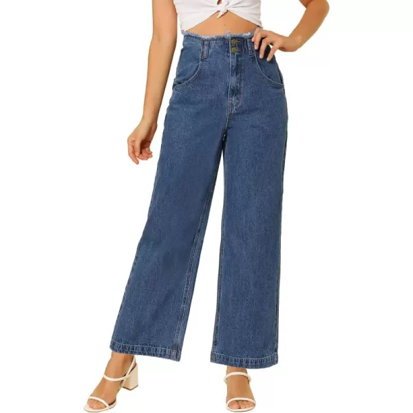 Allegra K Women's High Waist Denim Jeans Cotton Trim Long Pants Wide Leg Jeans