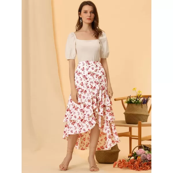 Allegra K Floral Maxi Skirts for Women's Elastic Waist Layered Ruffle High Low Hem Long Skirt