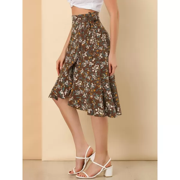 Allegra K Women's Floral Printed Self Tie Knot High-Low Ruffle Hem Wrap Skirt