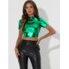 imageAllegra K Sparkle Tops for Womens Short Sleeve Mock Neck Christmas Party Metallic Crop TopGreen