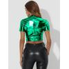 imageAllegra K Sparkle Tops for Womens Short Sleeve Mock Neck Christmas Party Metallic Crop TopGreen