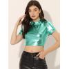 imageAllegra K Sparkle Tops for Womens Short Sleeve Mock Neck Christmas Party Metallic Crop TopMint Green