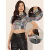 imageAllegra K Sparkle Tops for Womens Short Sleeve Mock Neck Christmas Party Metallic Crop TopMulticolor Black