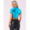 imageAllegra K Sparkle Tops for Womens Short Sleeve Mock Neck Christmas Party Metallic Crop TopPeacock Blue