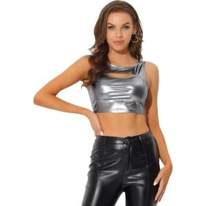 imageAllegra K Metallic Crop Top for Womens Christmas Sleeveless Cut Out Party Clubwear Holographic Tank TopsGrey