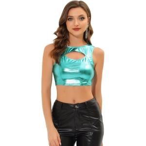 imageAllegra K Metallic Crop Top for Womens Christmas Sleeveless Cut Out Party Clubwear Holographic Tank TopsLake Green