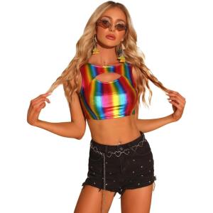 imageAllegra K Metallic Crop Top for Womens Christmas Sleeveless Cut Out Party Clubwear Holographic Tank TopsMulticolor