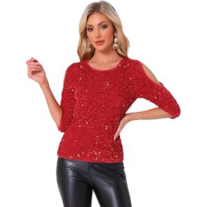 imageAllegra K Sparkle Sequin Velvet Tops for Womens Cut Out Half Sleeve Party Club Holiday BlouseRed