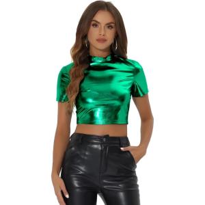 imageAllegra K Sparkle Tops for Womens Short Sleeve Mock Neck Christmas Party Metallic Crop TopGreen