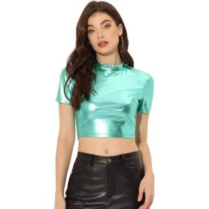 imageAllegra K Sparkle Tops for Womens Short Sleeve Mock Neck Christmas Party Metallic Crop TopMint Green