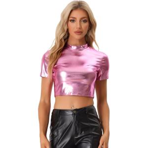 imageAllegra K Sparkle Tops for Womens Short Sleeve Mock Neck Christmas Party Metallic Crop TopPink