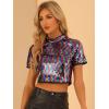 imageAllegra K Womens Sequin Crop Top Sparkle Glitter Short Sleeve Shinning T Shirt Club BlouseRainbow