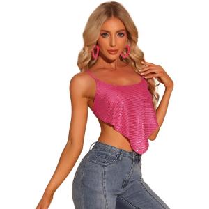 imageAllegra K Womens Christmas Sequin Spaghetti Straps Crisscross Backless Party Crop Cami TopHot Pink