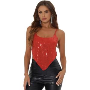 imageAllegra K Womens Christmas Sequin Spaghetti Straps Crisscross Backless Party Crop Cami TopRed