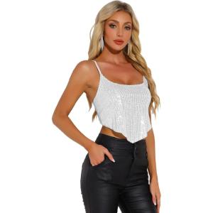 imageAllegra K Womens Christmas Sequin Spaghetti Straps Crisscross Backless Party Crop Cami TopWhite