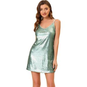 imageAllegra K Womens Glitter Sequin Dress Spaghetti Strap V Neck Party Cocktail Sparkly Mini Dress ClubwearLight Green